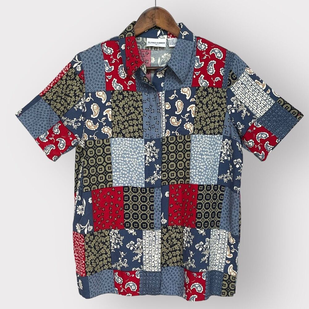 Alfred Dunner Hidden Button-Up Shirt Women 10 Multicolor Patchwork Collared‎ N27